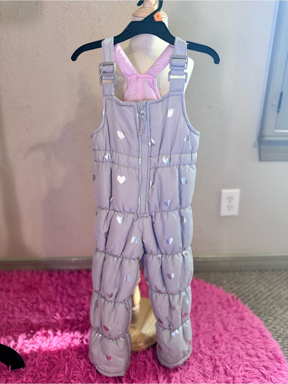 Weatherproof. Girls 4T silver Puffer Snow Bib Overalls Metallic Hearts Winter